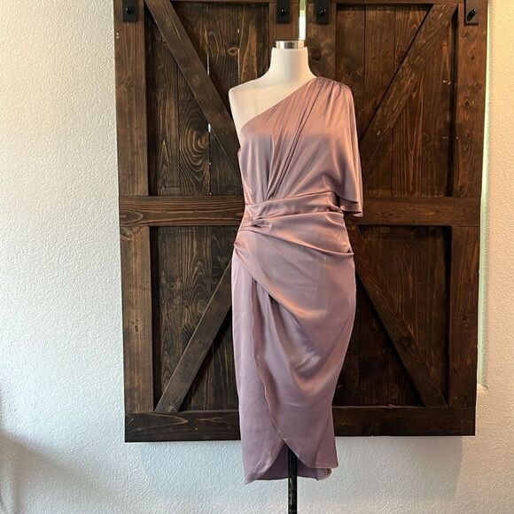 NWT ANRABESS Women's Satin Short Sleeve One Shoulder Cocktail Party Midi Dress - Picture 3 of 13
